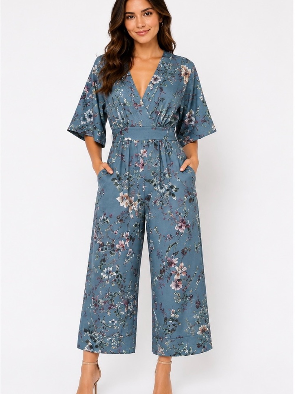 Floral V-Neck Wide-Leg Jumpsuit in Slate Blue